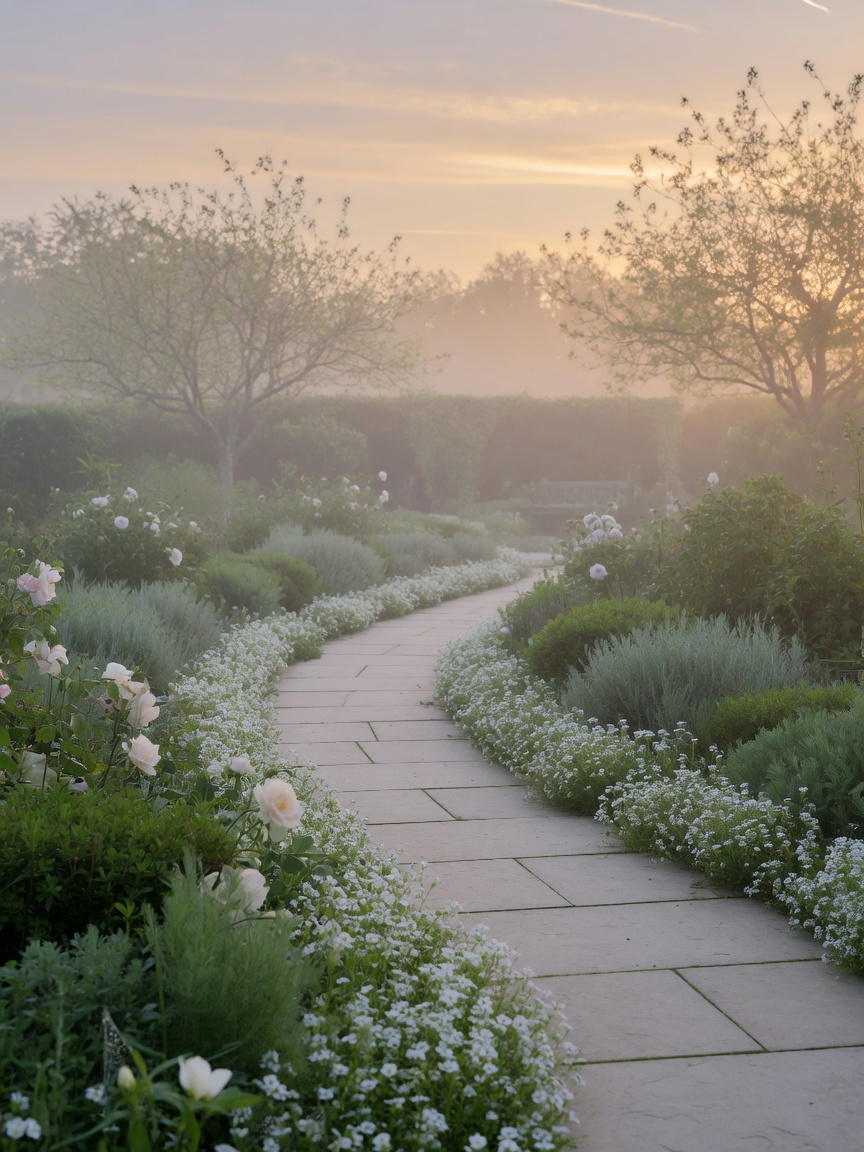 Peaceful garden path at dawn